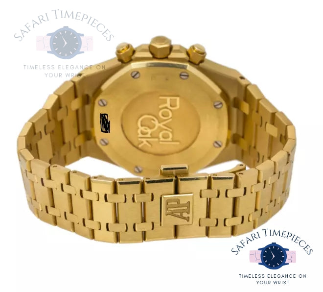 2024AudemarsPiguetRoyalOak Gold watch with 'Royal Oak' branding on a white background