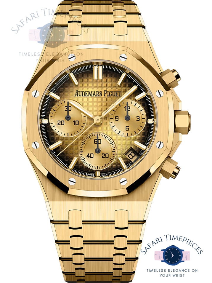 2024AudemarsPiguetRoyalOak Gold watch with detailed face on a white background, featuring the Audemars Piguet brand.
