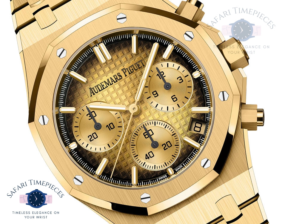 2024AudemarsPiguetRoyalOak Gold watch with detailed face on a white background, brand 'Audemars Piguet' visible