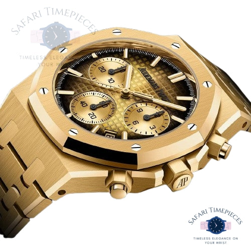 2024AudemarsPiguetRoyalOak Gold watch with a detailed face on a white background, branded 'Safari Timepieces'.