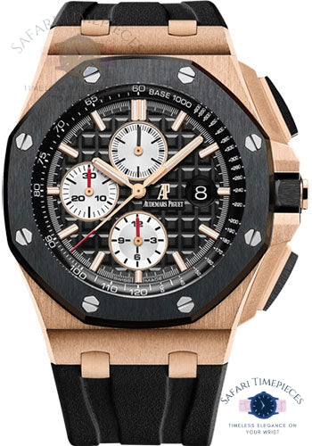 Audemars Piguet Royal Oak Offshore Chronograph Luxury watch with black and rose gold design on a white background