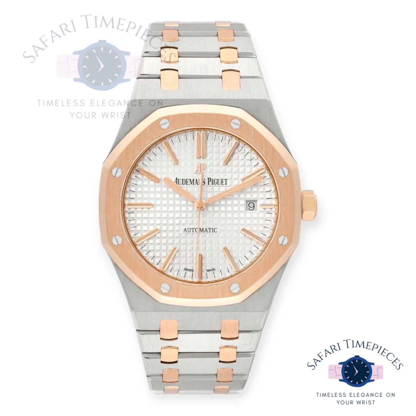 Luxury watch with rose gold and silver band on a white background, featuring Audemars Piguet brand.