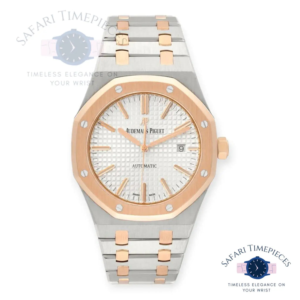 Luxury watch with rose gold and silver band on a white background