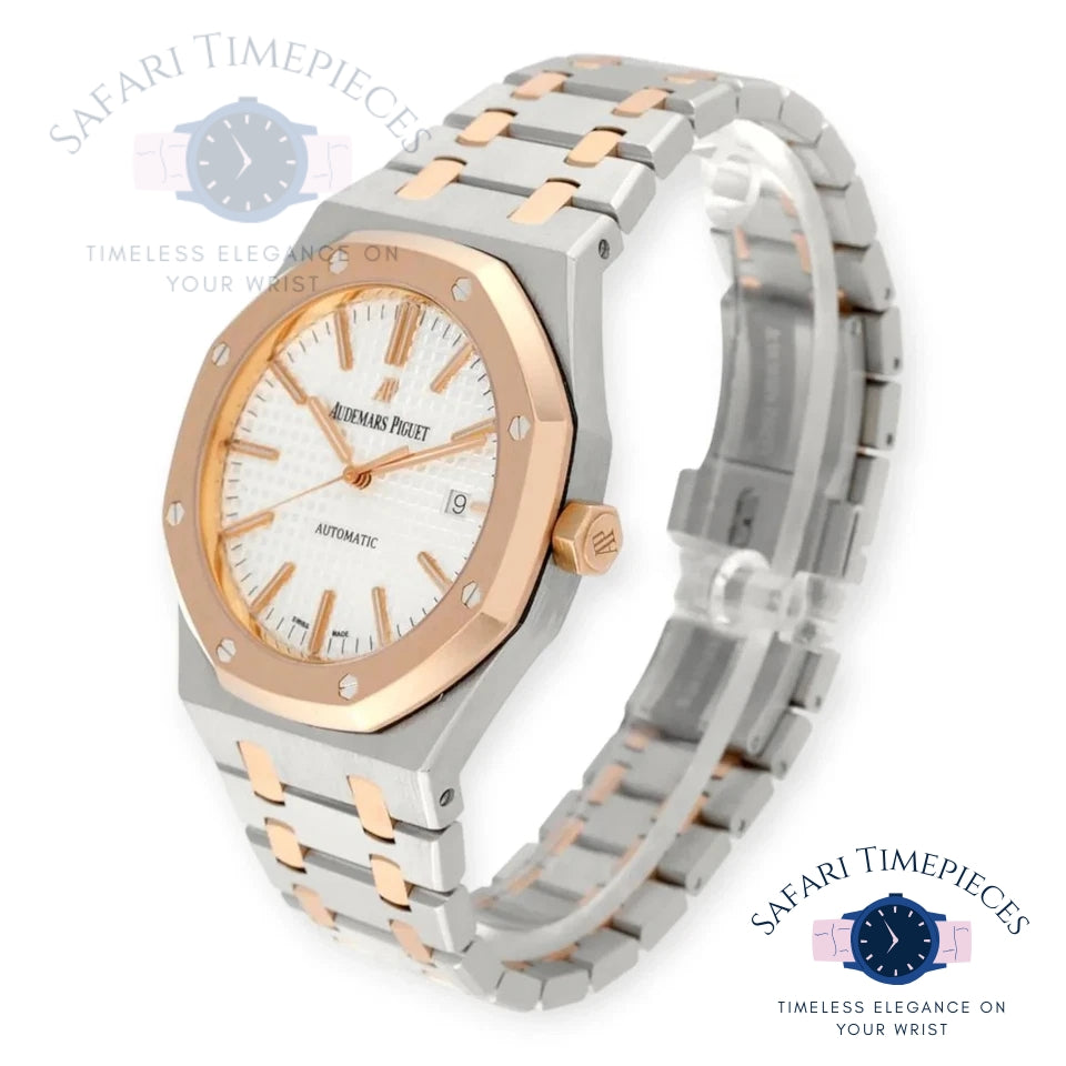 Luxury watch with rose gold and silver band on a white background, featuring Audemars Piguet brand.