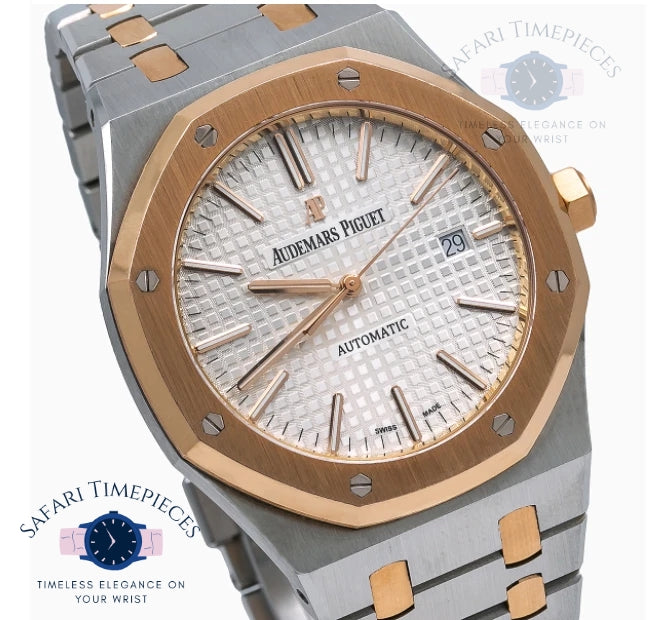 Luxury watch with rose gold and silver design on a white background, featuring Audemars Piguet branding.