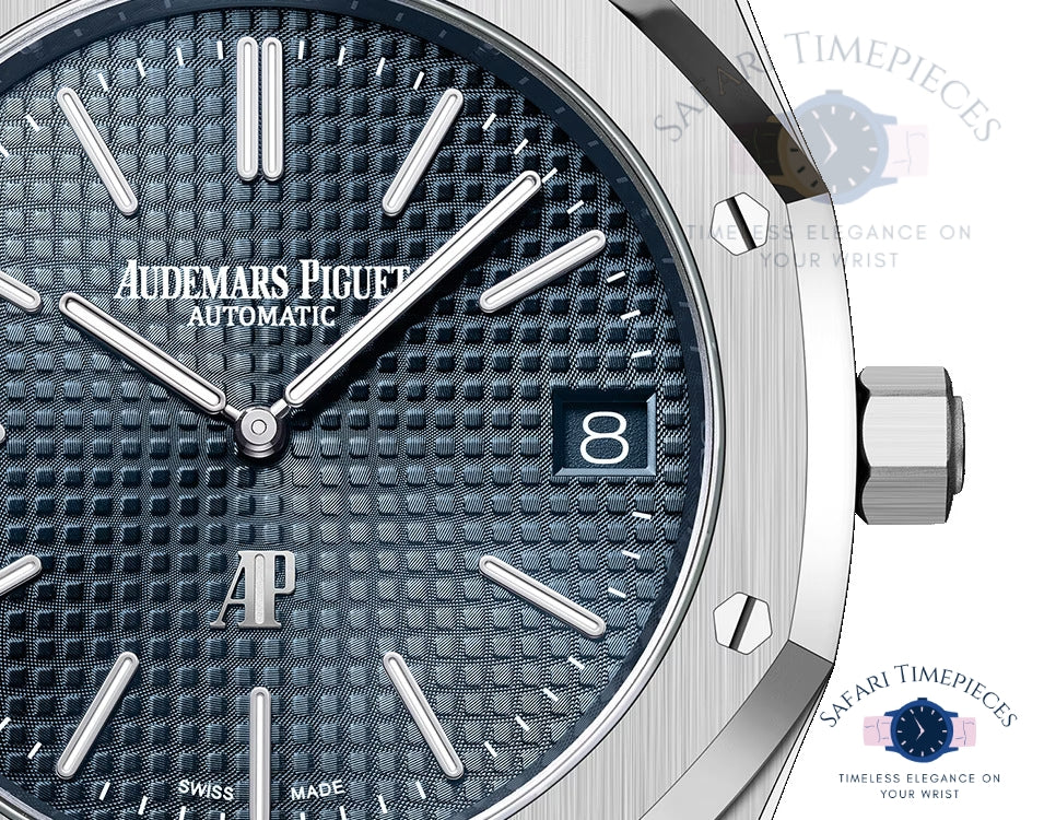 Audemars Piguet watch with blue face and silver case