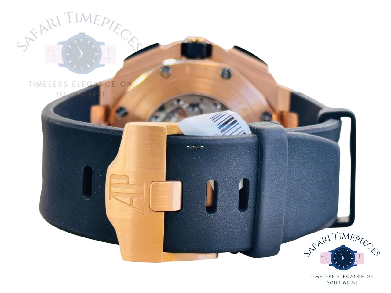 Audemars Piguet Royal Oak Offshore Chronograph Watch with black strap and wooden accents on a white background, featuring Safari Timepieces branding.