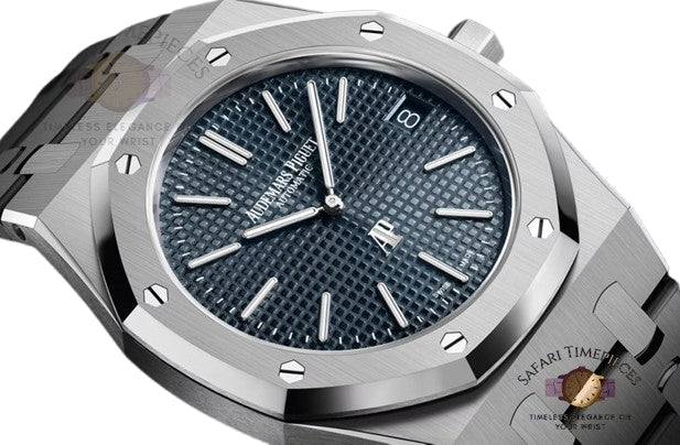 Luxury watch with blue dial and silver case on a white background