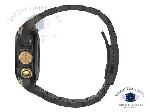 Black and gold watch face with 'Safari Timerpieces' branding on a white background
