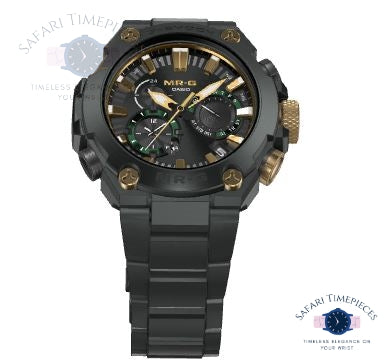 Black and gold watch with detailed face on a white background