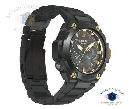 Black and gold watch with detailed face on a white background
