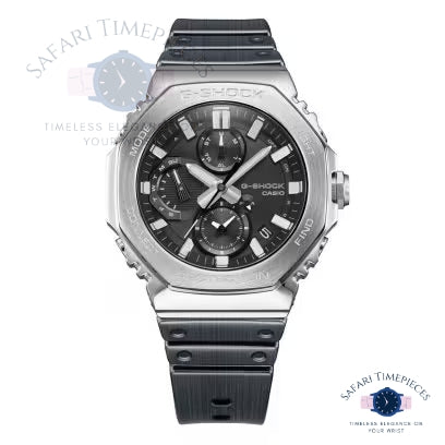 Silver and black Casio G-Shock watch on a white background