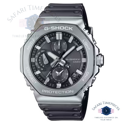 G-Shock watch with black dial and silver case on a white background