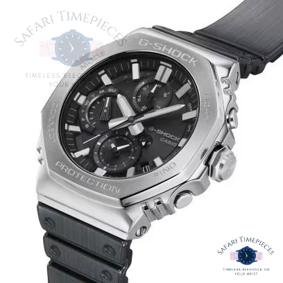 G-Shock watch with black dial and silver case on a white background