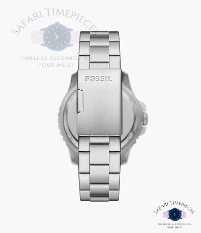 Silver Fossil watch with a white background