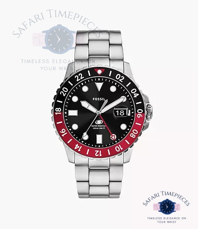 Fossil watch with black face and red bezel on a white background