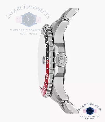 Silver watch with red accents on a white background, featuring the brand 'Safari Timepieces'.