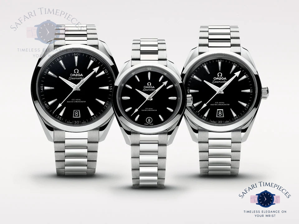 Three Omega watches with black faces and silver metal straps on a white background.