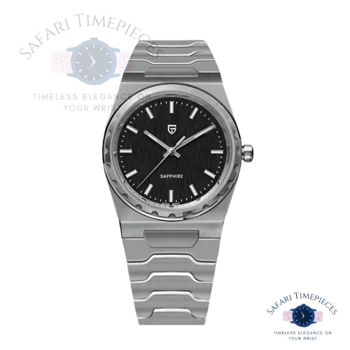 Silver watch with black dial on a white background, branded 'Safari Timepieces'.