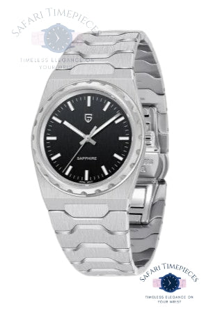 Silver watch with black dial on a white background, featuring Safari Timepieces branding.
