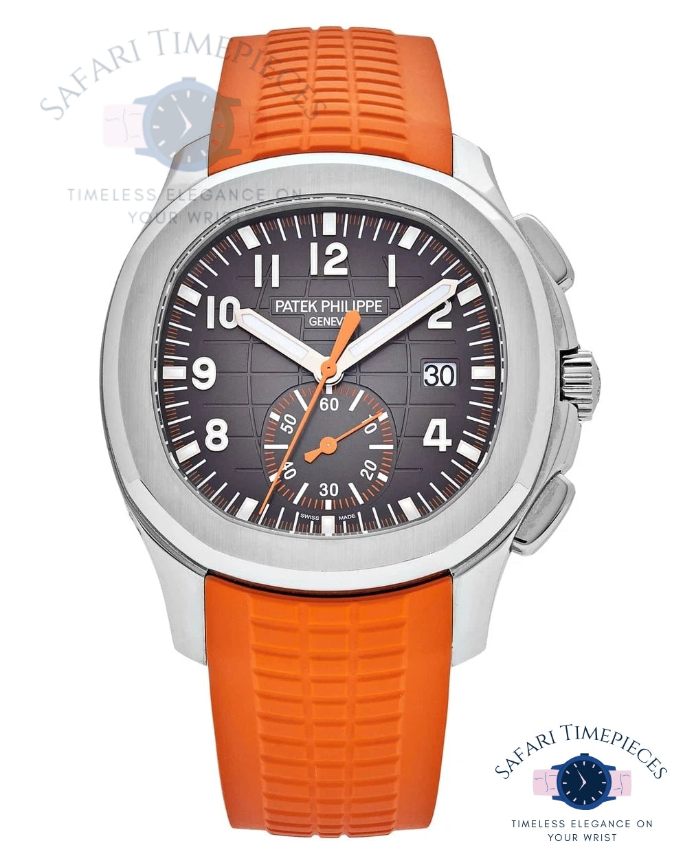 Patek Philippe watch with orange strap on a white background