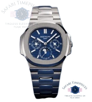 Patek Philippe watch with blue face and silver case on a white background