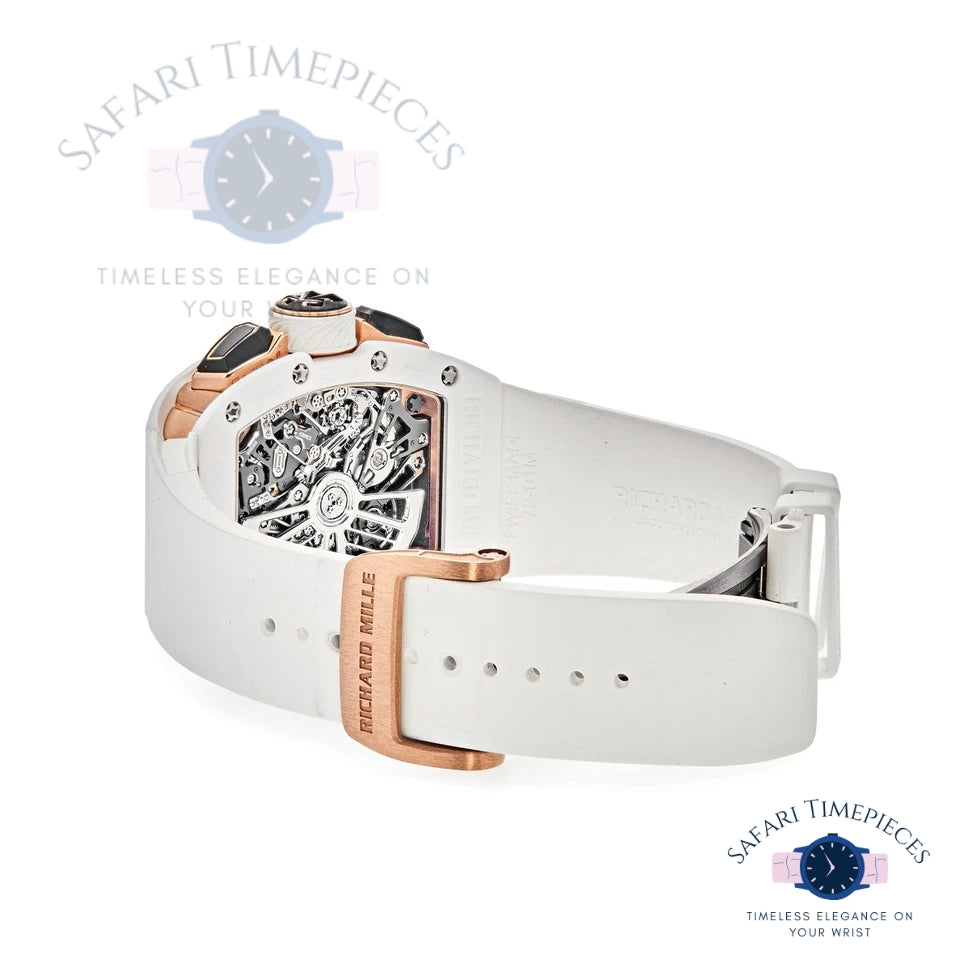 Luxury watch with white strap and rose gold accents on a white background, featuring 'Richard Mille' branding.
