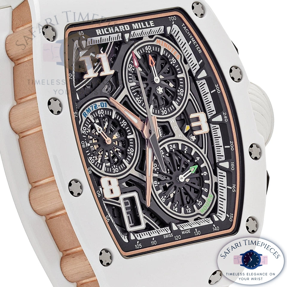 Richard Mille RM 72-01 Lifestyle Flyback Chronograph watch with detailed face and rose gold accents, branded 'Richard Mille', on a white background.