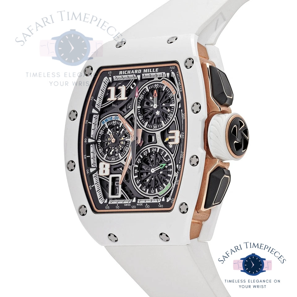 Luxury watch with white strap and rose gold accents on a white background, featuring 'Richard Mille' branding.