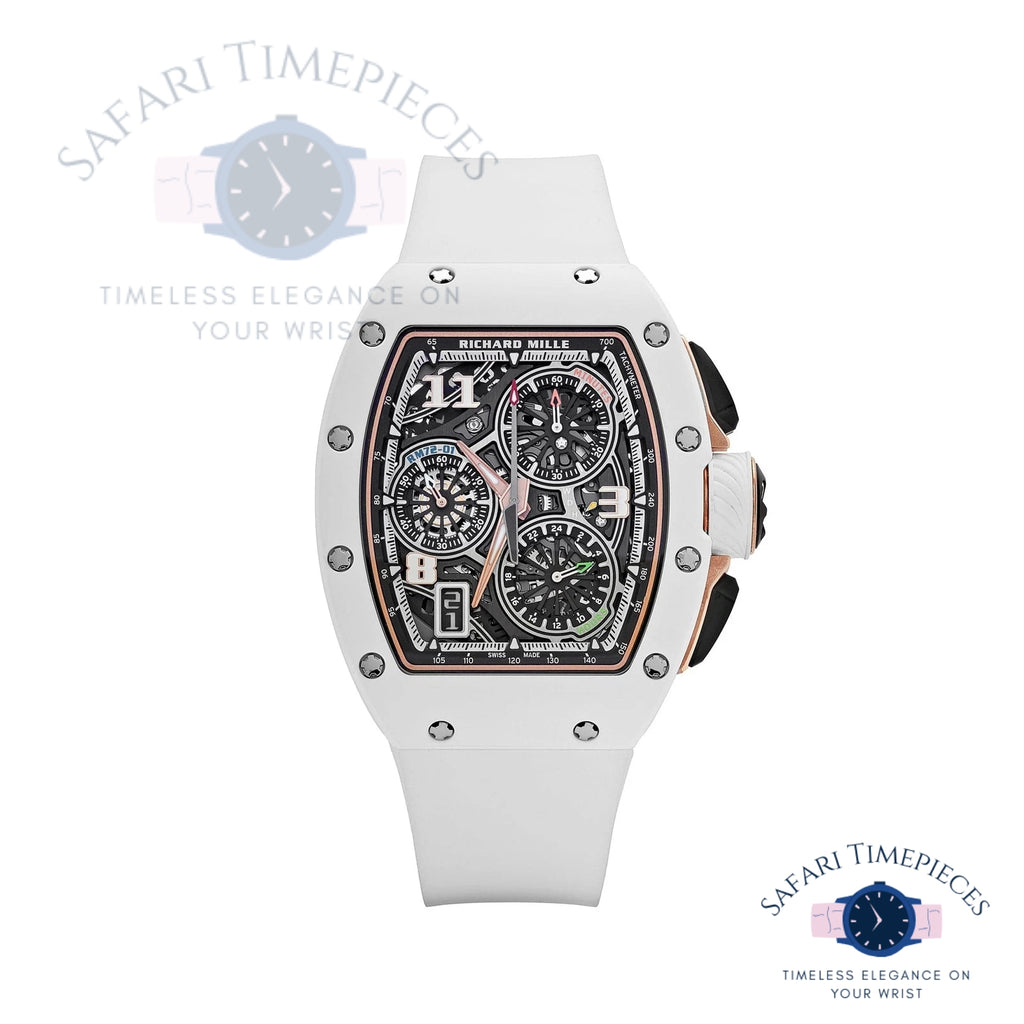 Luxury Richard Mille RM 72-01 Lifestyle Flyback Chronograph watch with a white strap and detailed face on a white background, branded 'Safari Timepieces'.