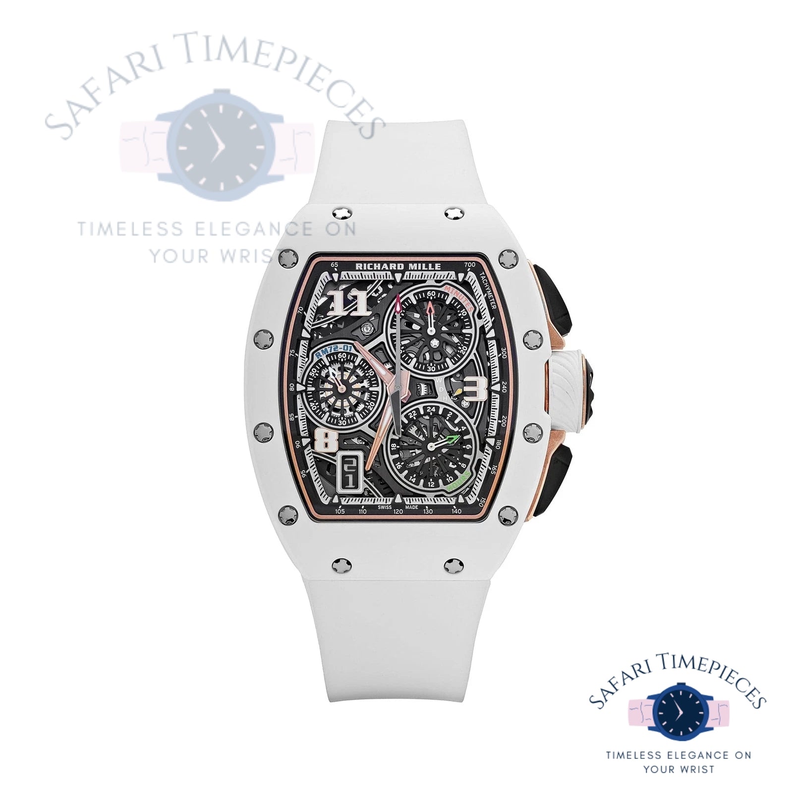 Luxury Richard Mille RM 72-01 Lifestyle Flyback Chronograph watch with a white strap and detailed face on a white background, branded 'Safari Timepieces'.
