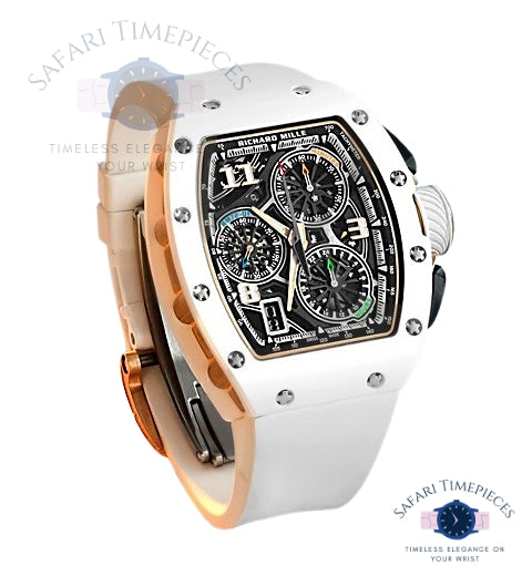 Luxury watch with white strap and rose gold case on a white background, branded 'Safari Timepieces'.