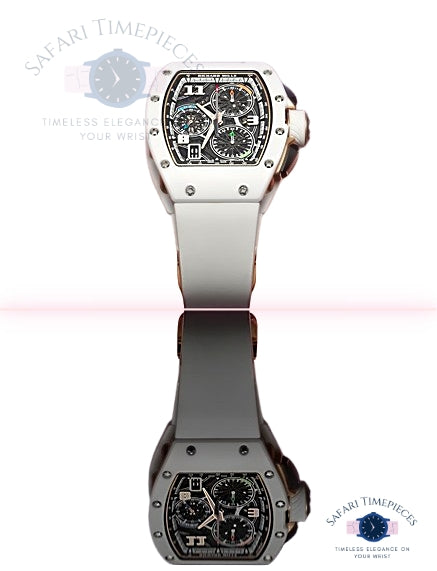 Luxury watch with a white strap on a white background, branded 'Safari Timepieces'.