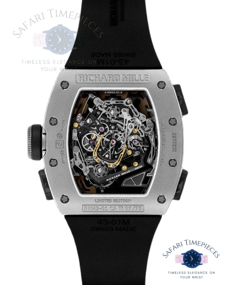 Richard Mille RM 43-01 Tourbillon Split-Seconds Chronograph Ferrari Limited Edition open back on white background 