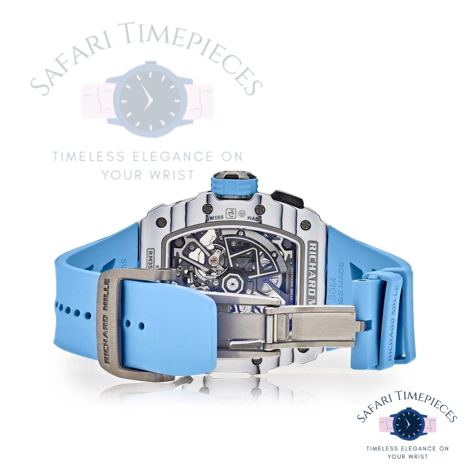Richard Mille RM 35-03 Rafael Nadal Luxury watch with blue strap and visible brand logo on a white background