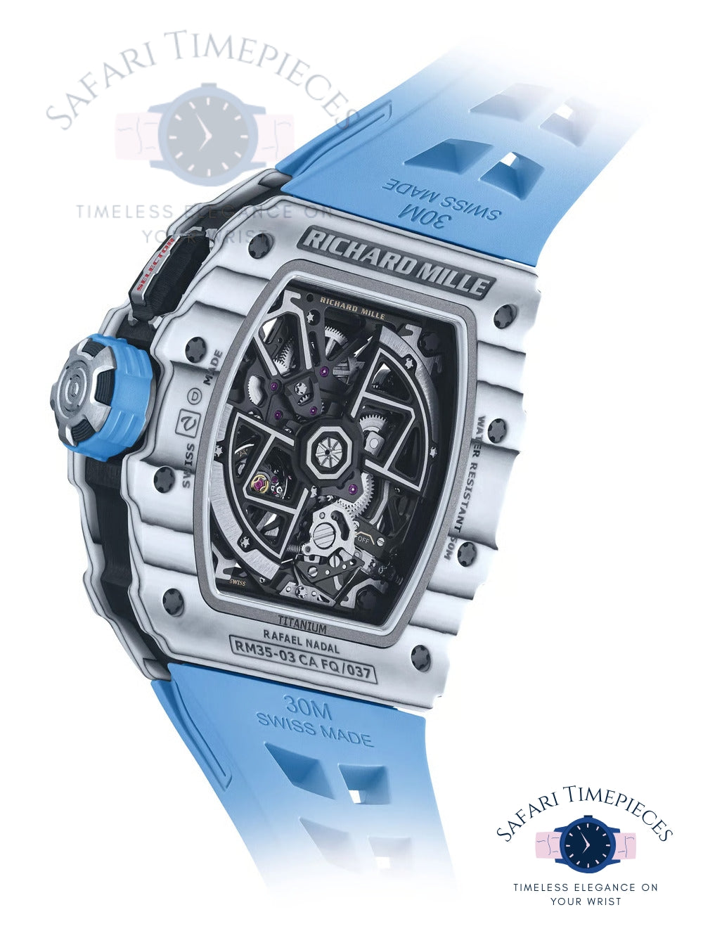 Luxury watch with blue strap and silver case on a white background