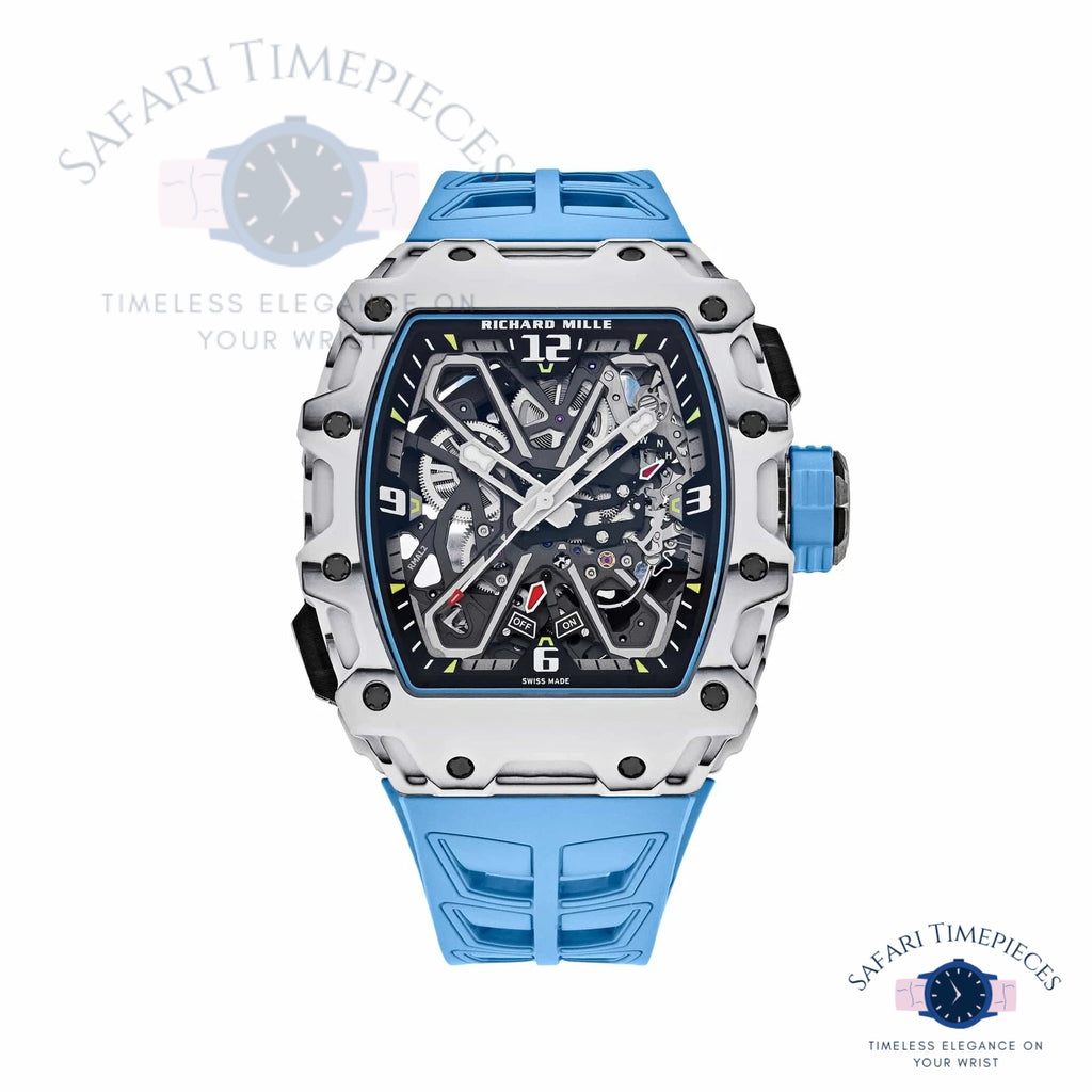 Richard Mille RM 35-03 Rafael Nadal Luxury watch with blue strap and detailed face on a white background, branded 'Richard Mille'.