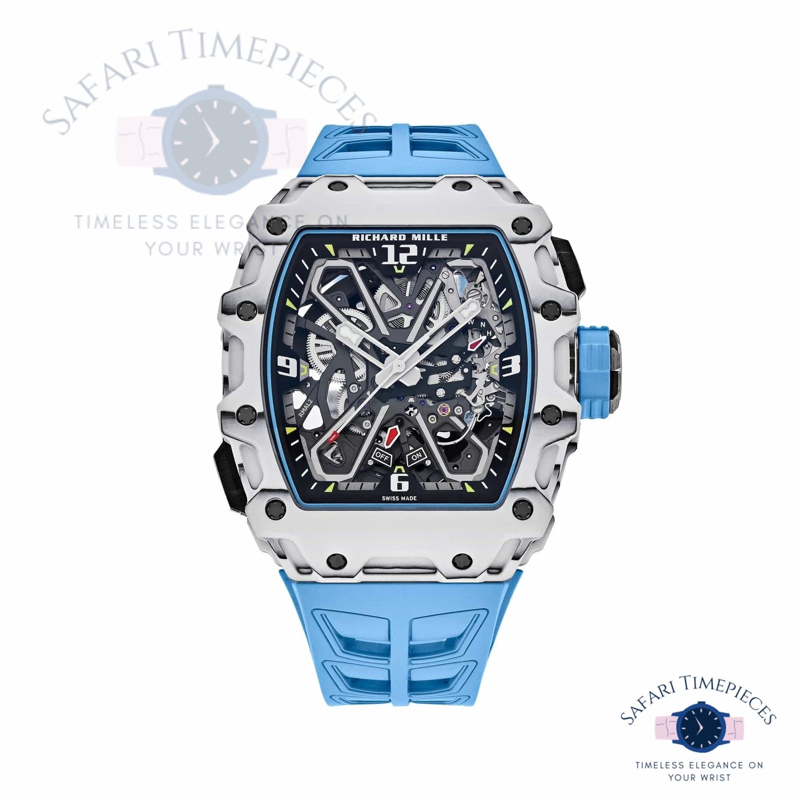 Richard Mille RM 35-03 Rafael Nadal Luxury watch with blue strap and detailed face on a white background, branded 'Richard Mille'.