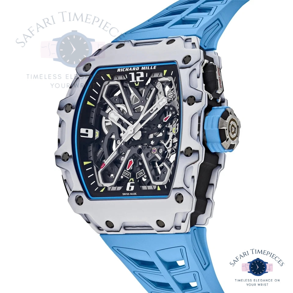 Richard Mille RM 35-03 Rafael Nadal Luxury watch with blue strap and intricate design on a white background