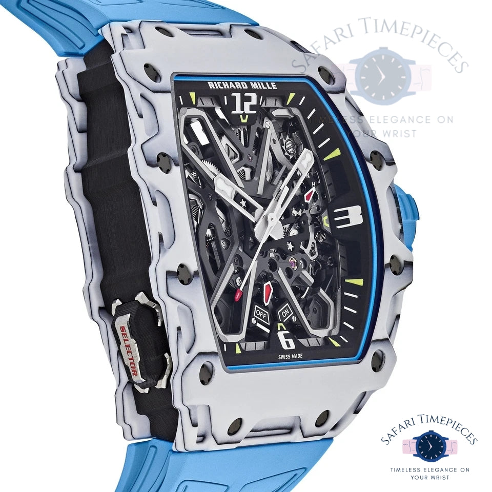 Luxury Richard Mille RM 35-03 Rafael Nadal watch with blue strap and intricate design on a white background