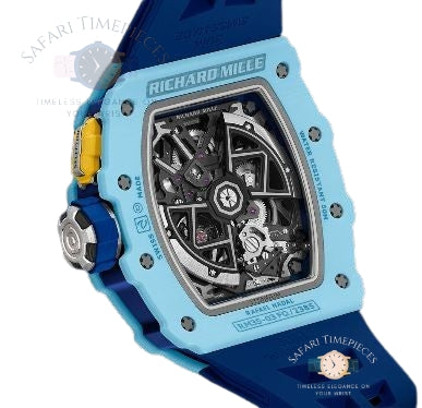Richard Mille watch with blue case and blue strap on a white background