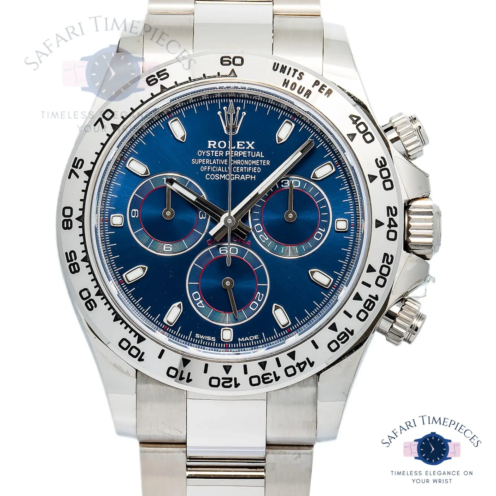 Silver watch with blue face on a white background, branded 'Rolex'.