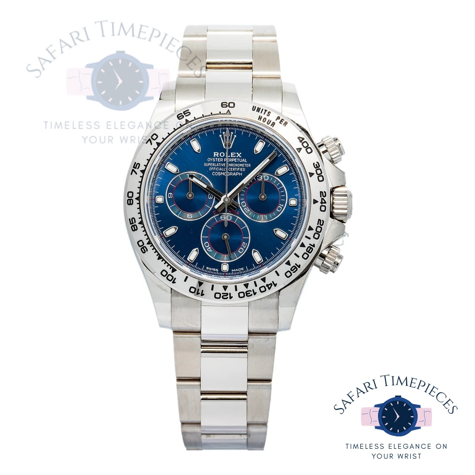 Silver and blue Rolex watch with 'Safari Timepieces' branding on a white background