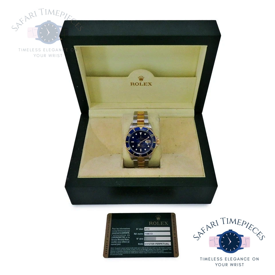 Rolex watch in a black box with a visible brand logo on a white background