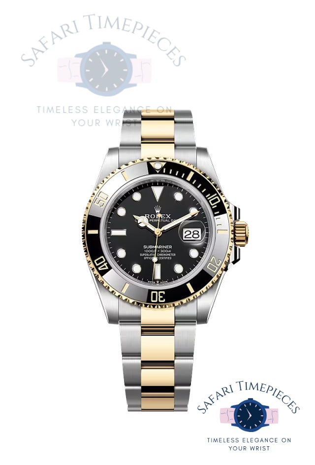Two-tone  Rolex Submariner Date watch with black dial on a white background, branded 'Safari Timepieces'.