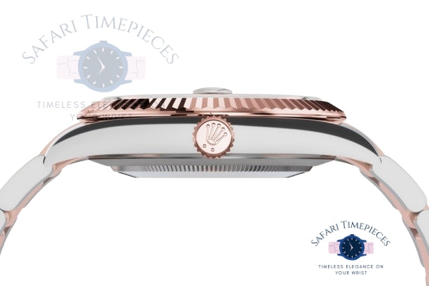 Rose gold Rolex watch with 'Safari Timepieces' branding on a white background