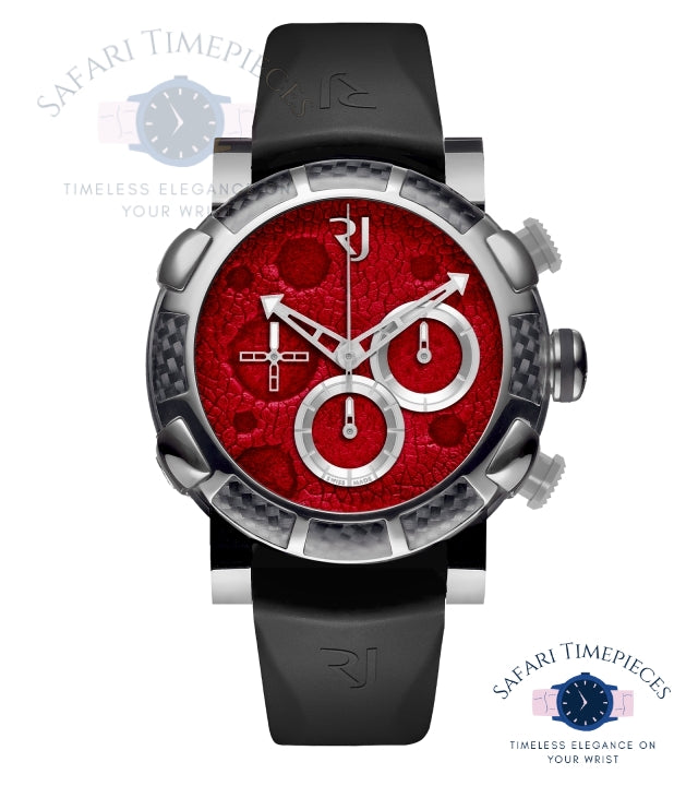 Watch with red face and black strap on a white background, featuring Safari Timepieces branding.
