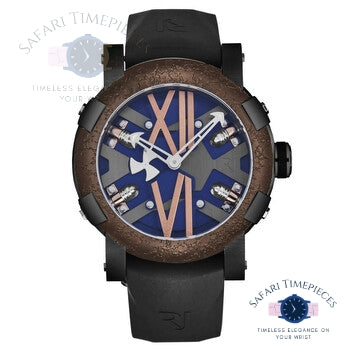 Watch with a unique design on a white background, featuring the brand 'Safari Timepieces'.
