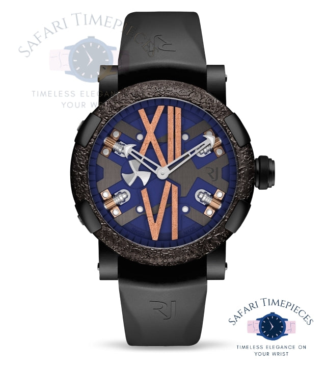 Romain Jerome Steampunk Luxury watch with a blue face and black strap on a white background, featuring Safari Timepieces branding.