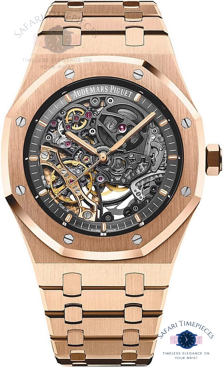 Audemars Piguet Royal Oak Double Balance Wheel Openworked Luxury rose gold watch with visible brand logo on a white background